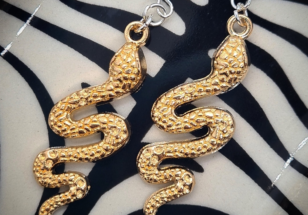 Elegant Gold Snake Dangle Earrings on hypoallergenic stainless ear wires NEW NWT - Picture 3 of 7
